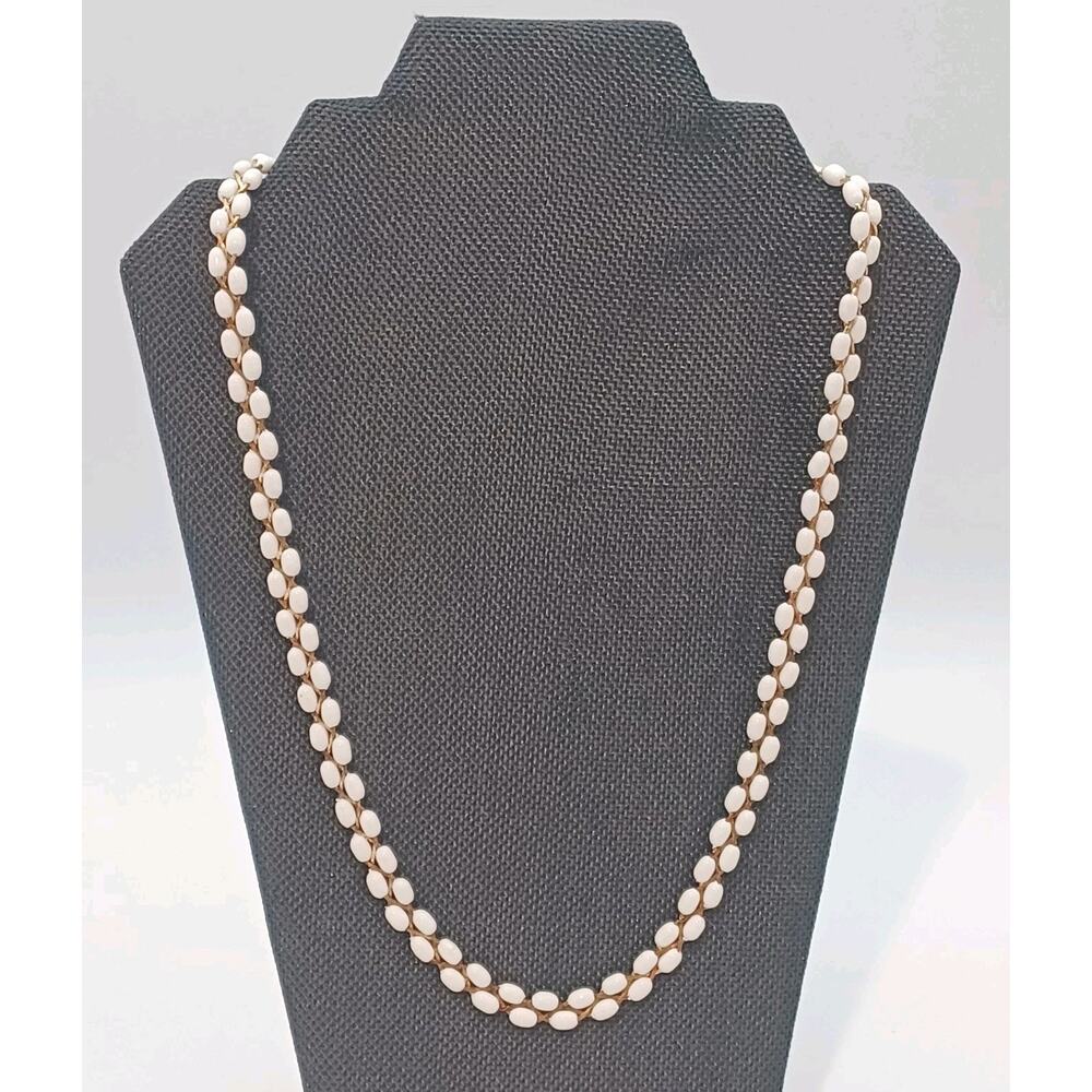 Vtg Mod White Bead Flat Weaved Woven Goldtone Intricate Necklace